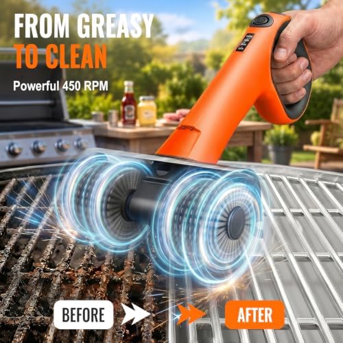 electric grill brush - dual rotating heads cordless shown in use