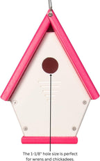 Recycled Poly Lumber Wren Chateau Birdhouse - Made in The USA - Perfect Garden and Backyard Birdhouse for Wrens, Chickadees, and Warblers! (Pink/White)