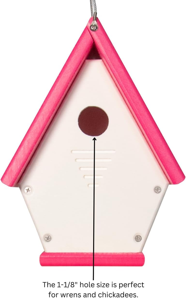 Recycled Poly Lumber Wren Chateau Birdhouse - Made in The USA - Perfect Garden and Backyard Birdhouse for Wrens, Chickadees, and Warblers! (Pink/White)