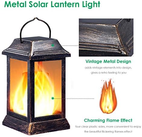 TomCare Flickering Flame Solar Lights Outdoor Metal Hanging Lantern, 2 Pack | Realistic Flame Effect, Charges in 6-8 Hours, 10-12-Hour Runtime, IP65 Waterproof, Auto On/Off for Patio, Garden and Porch