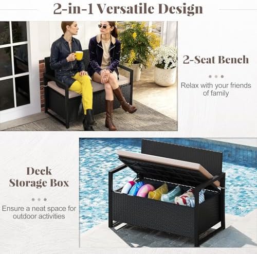 tangkula 40 gallon rattan outdoor bench with storage showing dimensions
