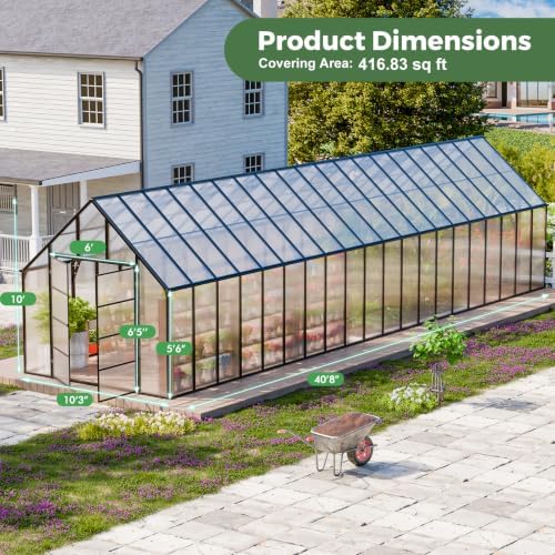 cdcasa 40x10x10 ft polycarbonate greenhouse for outdoors w/9, front angle view