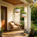 12" self watering hanging planters with chains, white, side view