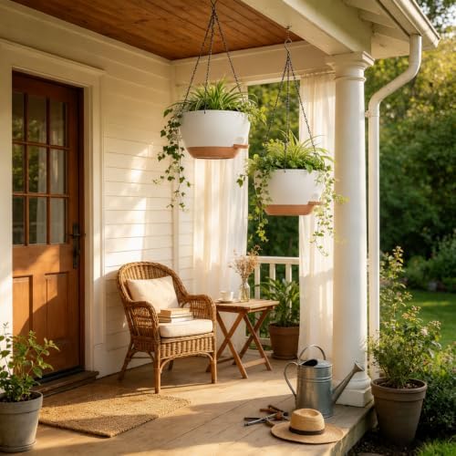 12" self watering hanging planters with chains, white, side view