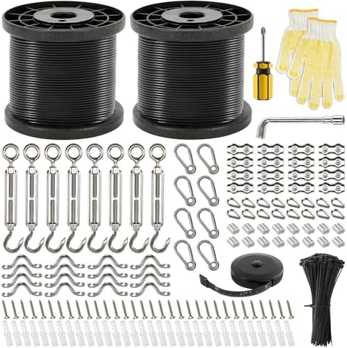 400 Ft String Light Hanging Kit, Coated Stainless Steel 304 Wire Rope | String Light Kit Included Enough Accessories, Guide Wire for Outdoor String Lights, Patio Lights, Camping Lights