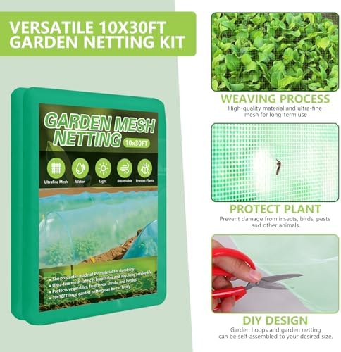 garden netting kit for raised beds, 10x30ft green shown in use