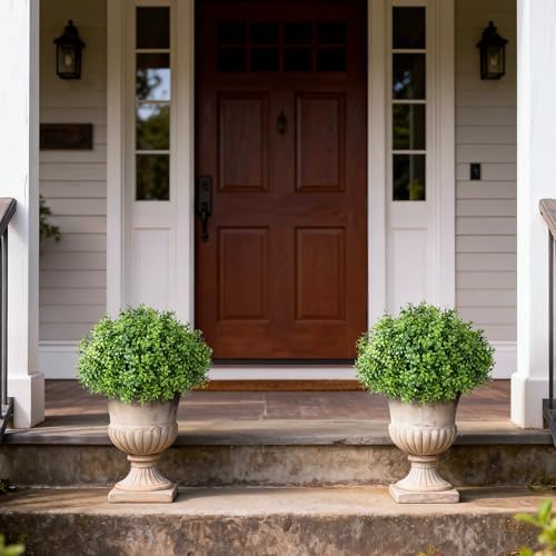 artificial boxwood topiary ball trees for front door on a desk or shelf