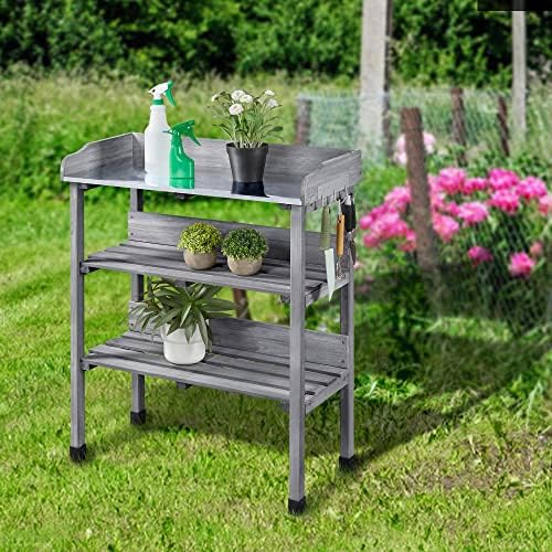 yaheetech potting bench outdoor console table w/3-tier storage,gray, front angle view