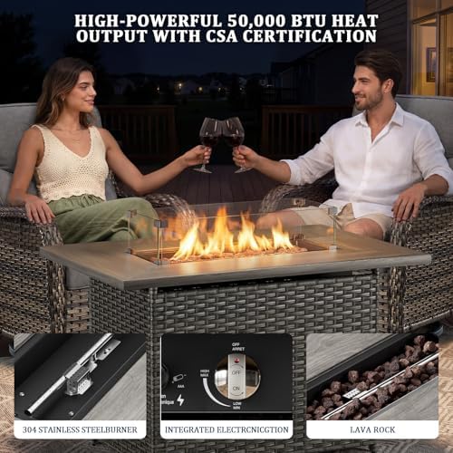 Luxury Swivel Rocker Chairs Fire Pit Set with 6" Thick Cushion 7 piece Wicker Outdoor Patio Chair with Sofa and Ottoman,Comfortable High Back Outdoor Patio Furniture Set - Gray | Gray