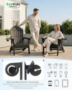 HDPE Folding Adirondack Chair with Dual Cup Holders, Black | Ergonomic High Back HDPE Fire Pit Chair, 380lbs Capacity All-Weather Outdoor Patio Lounge Chair for Garden, Deck, Yard