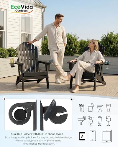 HDPE Folding Adirondack Chair with Dual Cup Holders, Black | Ergonomic High Back HDPE Fire Pit Chair, 380lbs Capacity All-Weather Outdoor Patio Lounge Chair for Garden, Deck, Yard