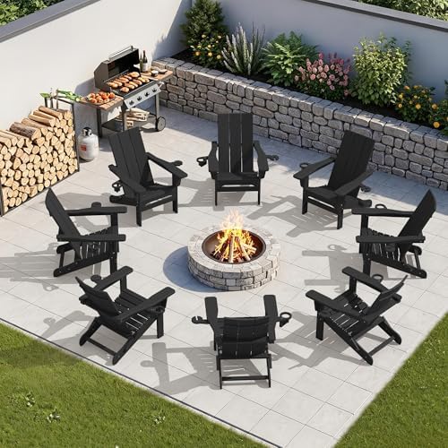 SERWALL Modern Folding Adirondack Chairs Set of 2, HDPE, Cup Holders, Black | Outdoor All-Weather Lawn Adirondack Chairs Wood Grain Lawn Chair Fire Pit Chairs for Patio, Deck