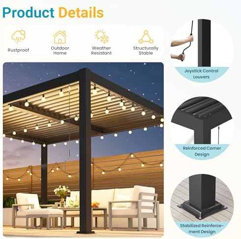 pergola 10'x12' with adjustable roof & thick aluminum, close-up detail