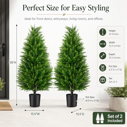 artificial topiary cedar trees, 3ft tall, set of, side view