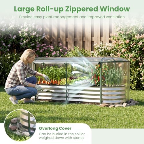 giantex raised garden bed w/greenhouse cover, outdoor oval, front angle view
