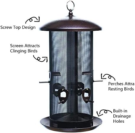 nature's rhythm metal hopper bird feeder two chambers，heavy, close-up detail