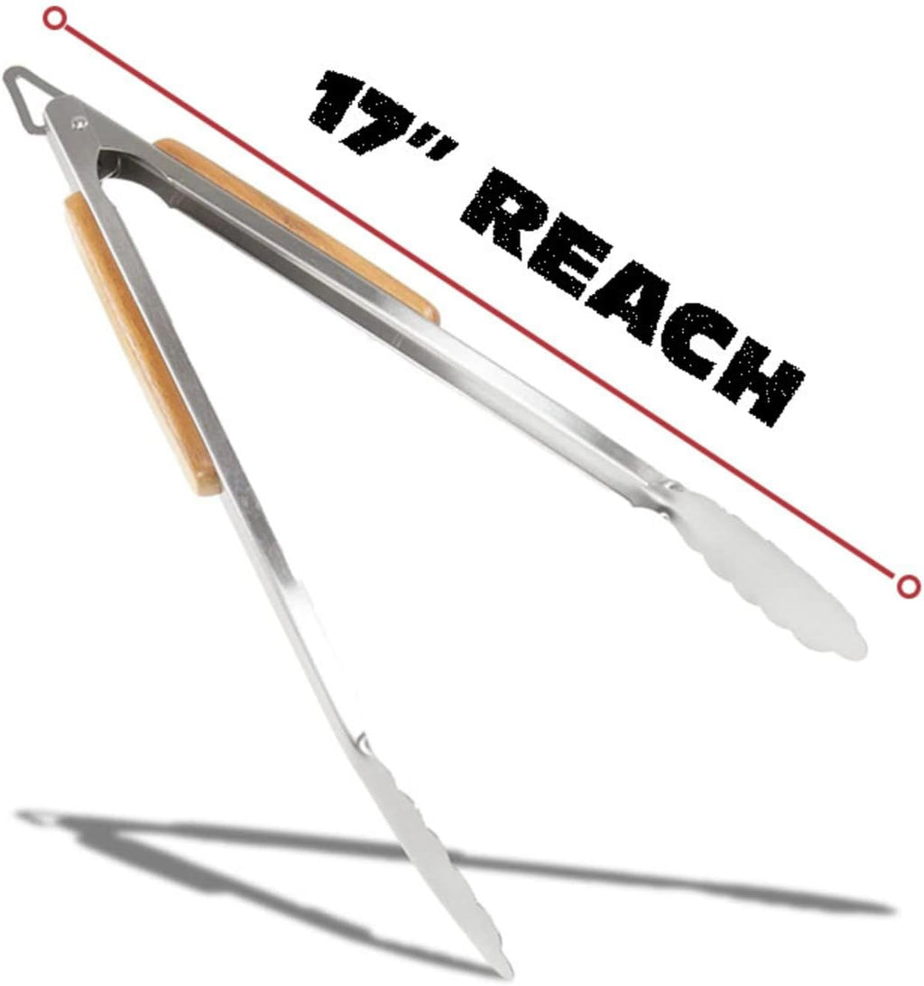 Pro BBQ Tongs for Grill - 17" Professional Grade Barbecue Tongs for Cooking- Solid & Sturdy - Built with 304 Grade Stainless Steel and Acacia Wood - Heavy Duty Built to Last Kitchen essential.