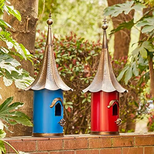 glitzhome 32”h metal hanging birdhouse for outdoors oversized, front angle view