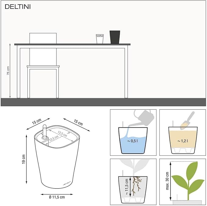 Lechuza DELTINI Shiny Taupe High Gloss, Self-Watering Small Indoor Planter, H7.5 L5.9 W5.9 in