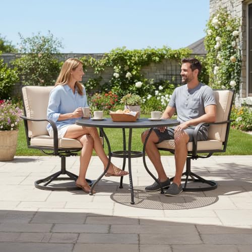Patio Swivel Chairs Set of 2 Outdoor Swivel Chairs, Beige | Thickened Cushions, All Weather Metal Frame, Comfort Outdoor Height, Sturdy Stable Base, for Garden Lawn Porch, Easy to Clean