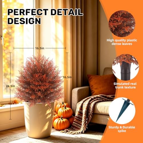 fall artificial cypress topiary, 24'' outdoor fake bushes, close-up detail
