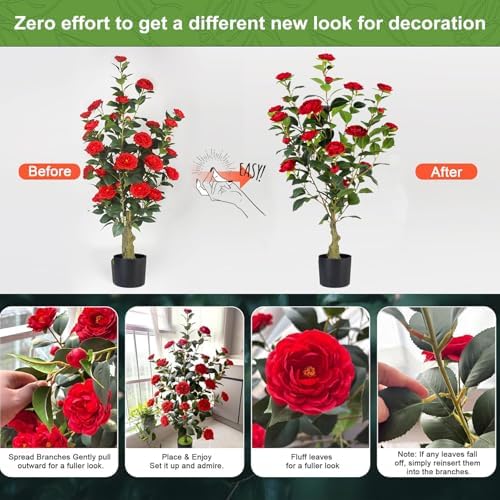 artificial camellia tree 2 pack, 3ft faux camellia on a desk or shelf