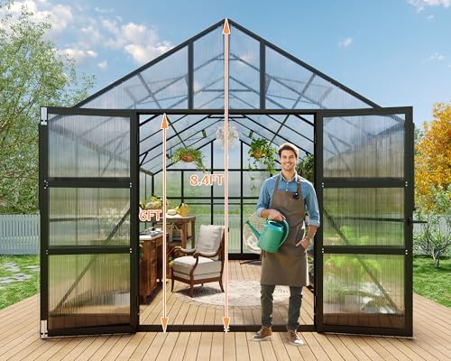 howe 10x18x8.4 ft polycarbonate greenhouse with 4 vent shown in use