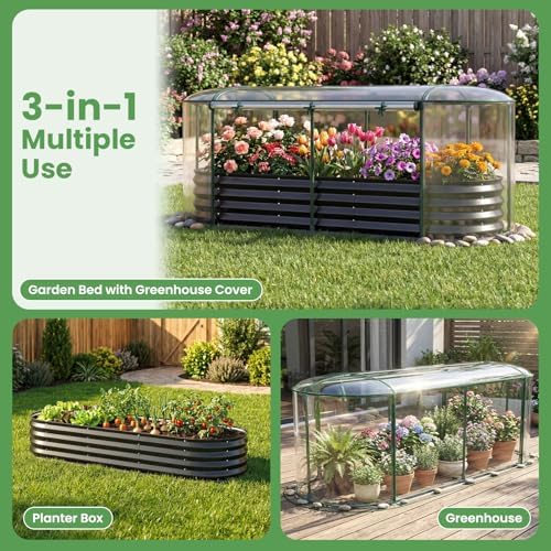giantex raised garden bed w/greenhouse cover, outdoor oval showing dimensions