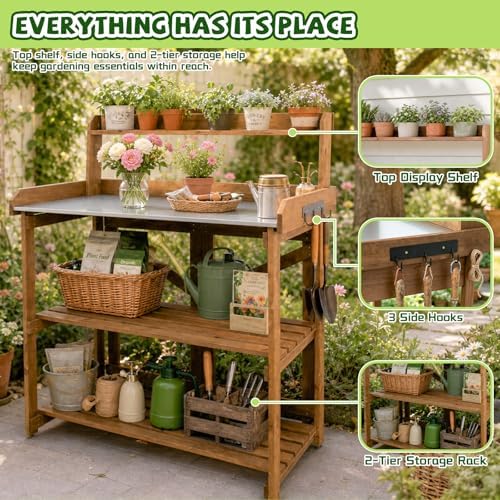 ketive outdoor potting bench with metal top and, close-up detail