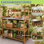ketive outdoor potting bench with metal top and, close-up detail
