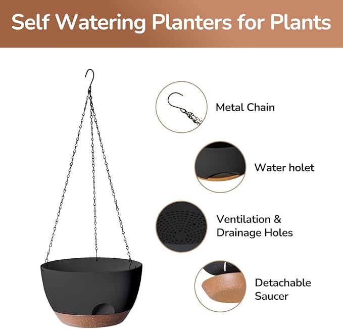 Set of 2-12 Inch Hanging Planter, Self-Watering Hanging Planters for Indoor Plants & Outdoor, Plant Hanger Indoor, Hanging Plant Pot with Drainage (Black)