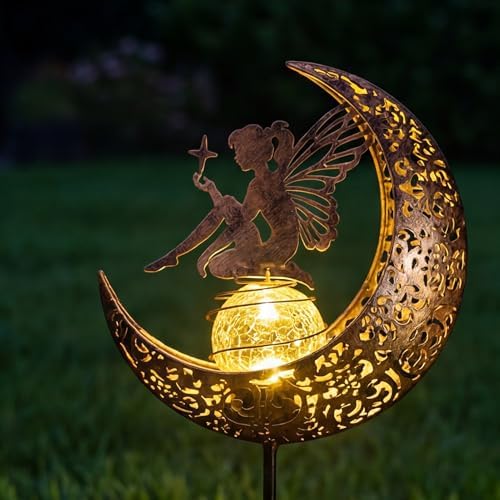 MEBRUDY Fairy Solar Garden Outdoor Decor, Moon Figurine Light Stake Housewarming Ornament for Patio, Lawn, Yard, Pathway, Unique Gift Ideas for Gardening, Mom, Grandma, Women