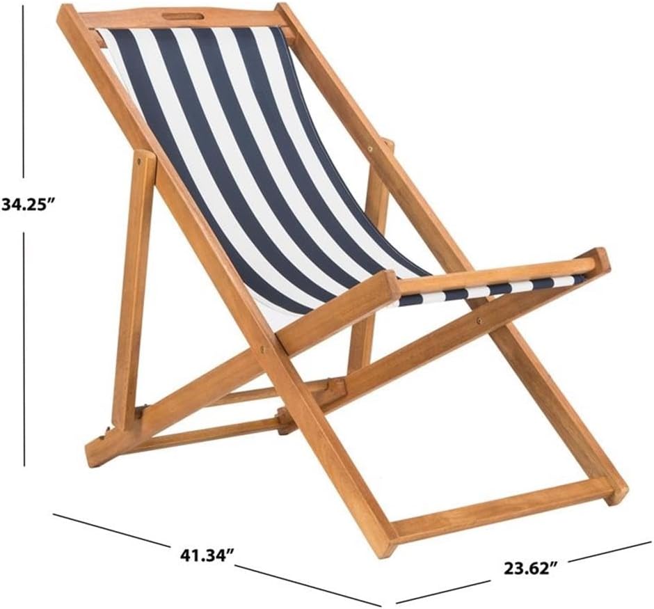 SAFAVIEH Outdoor - Loren Folding Sling Chair Set of 2 - Natural & Navy Stripe - Solid Wood Frame - Portable Bistro Design - Ideal for Patio, Poolside, Backyard, 24" W x 43" D x 25" H (PAT7040A-SET2)