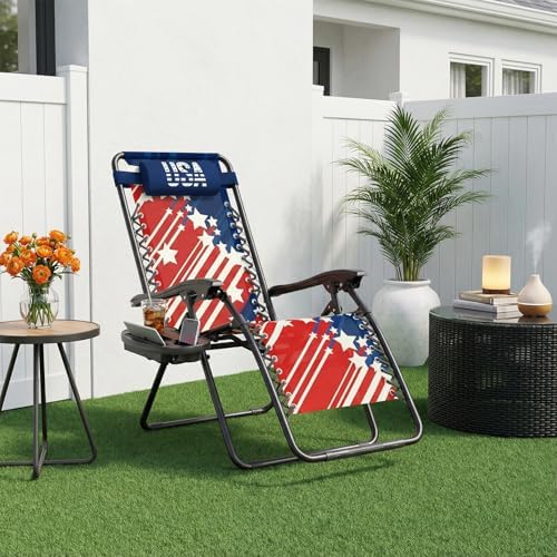 Athena Collection Zero Gravity Chair, Outdoor Lounge Chair- Us Flag | with Adjustable Pillow and Cup Holder, Reclining Camping Chair for Outside Beach Lawn Garden Patio Poolside