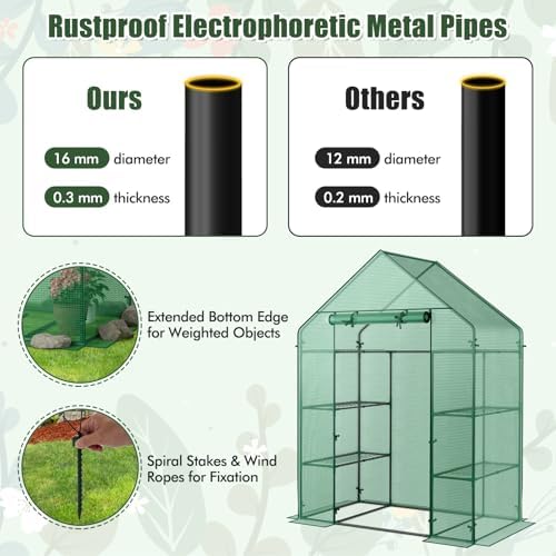 giantex walk-in greenhouse, 4 tier 8 shelves, portable showing dimensions