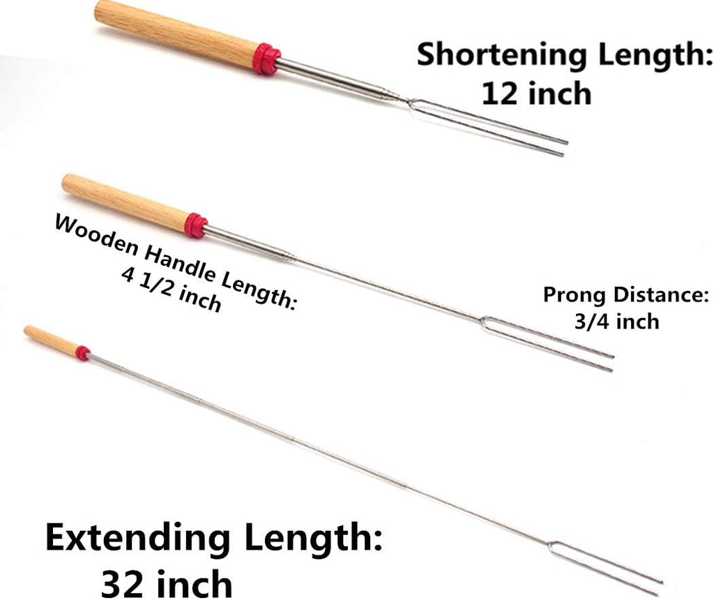 12 Marshmallow Roasting Sticks for Fire Pit - Extendable Smores Skewers | Wooden handle 32 inch telescoping forks with carry bag, perfect for hot dogs, campfire, BBQ, camping & backyard gatherings.
