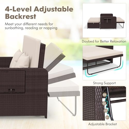 nightcore wicker patio outdoor daybed, outdoor chaise lounger showing dimensions