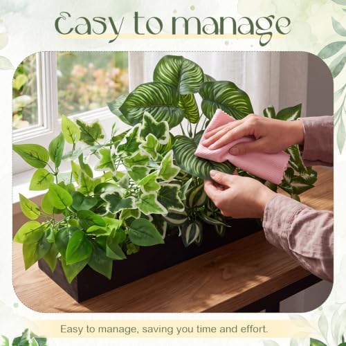 canlierr artificial greenery plants arrangement in rectangular wooden showing dimensions