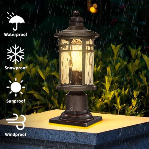 Darkaway Outdoor Post Light,Lamp Post Light Fixture, Waterproof Aluminum Housing with Amber Ripple Glass for Garden Patio Pathway Entry