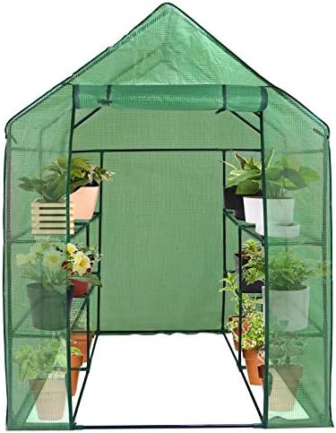 2-tier 8-shelf mini walk-in greenhouse portable plant herb, side view