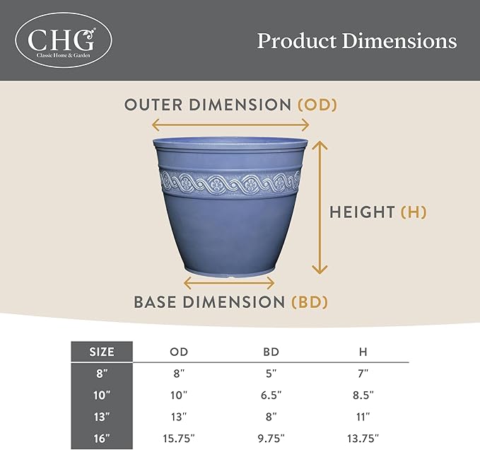 Classic Home and Garden Corinthian Round Planter, 13" Slate Blue