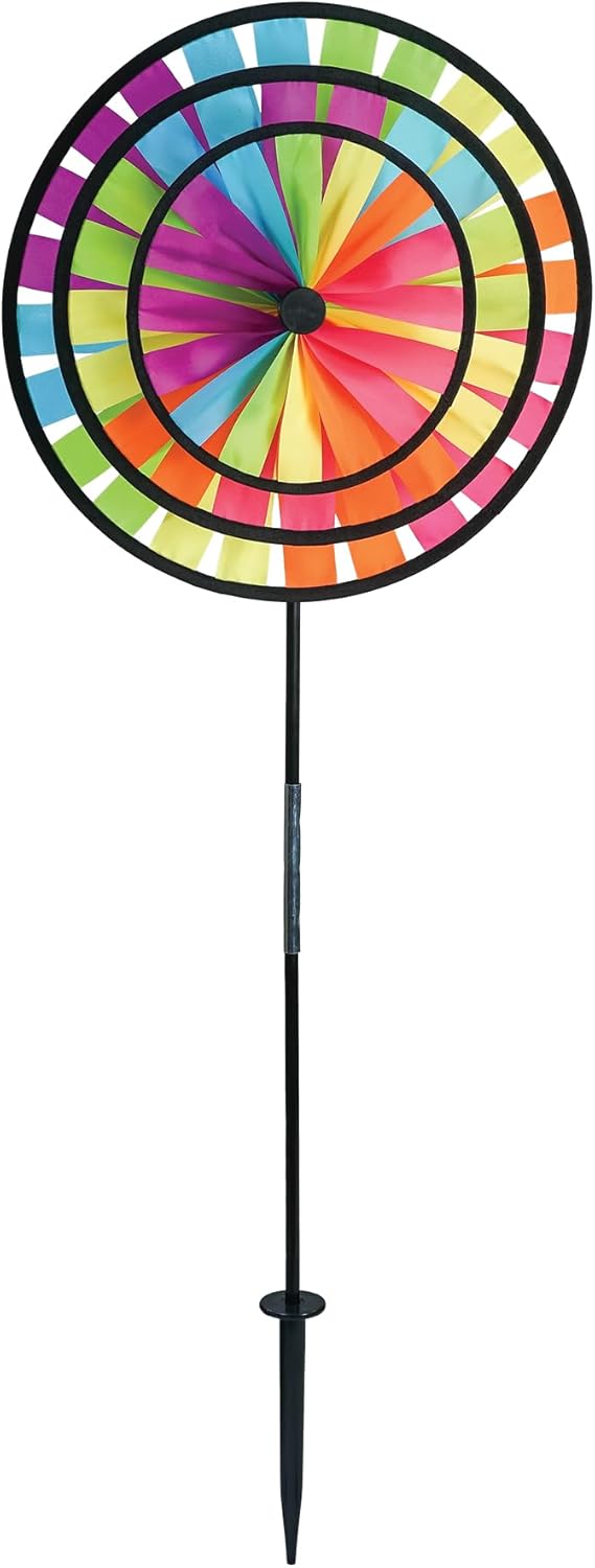 In the Breeze 2614 — Fiesta Triple Wheel Spinner — Colorful, Mesmerizing Wind Spinner for Yards and Gardens