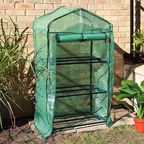 sunnydaze outdoor portable 3-tier mini greenhouse with roll-up, side view