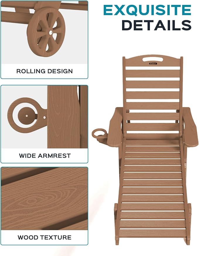 Ciokea Lounge Chair Outdoor, Oversized Chaise Lounge Chair with 5 Positions, HDPE, Patio Lounge Chair with Wheels & Cup Holder for Pool, Deck, Poolside, Teak