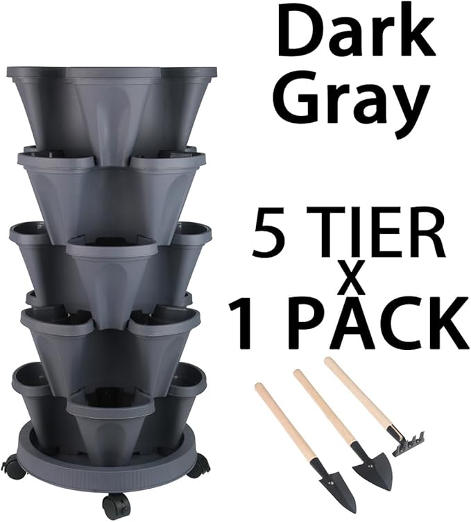 GameXcel Vertical Planter 5 Tier Stackable Planters Garden Planters Strawberry Herb Flower and Vegetable Planter Indoor Outdoor Gardening Pots with Removable Wheels and Tools