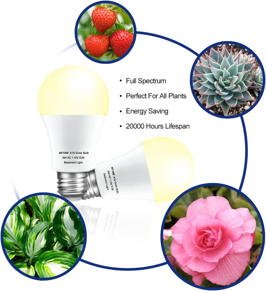 2 Pack LED Grow Light Bulbs，Full Spectrum Plant Light Bulb, 9W Replace 100W | 120V E26 Grow Bulb,Grow Light for Indoor Plants, Flowers, Greenhouse, Indore Garden, Hydroponic