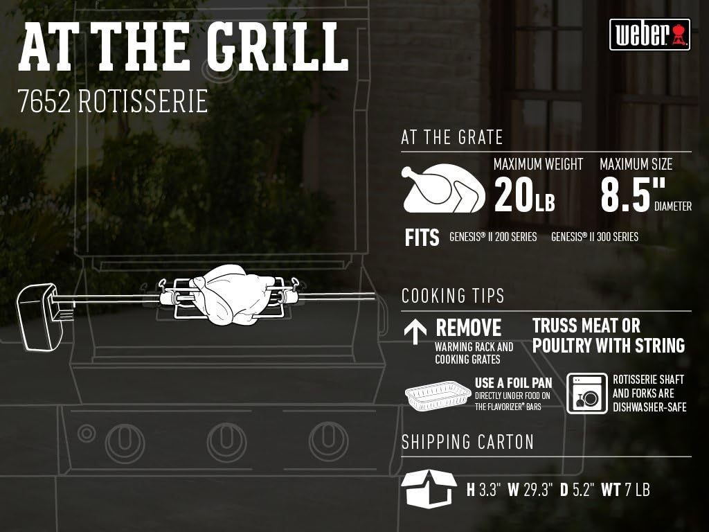 Weber® Grill Rotisserie Kit for Genesis II 200/300 Series | Great for Slow Roasting Chicken, Ribs, or Turkey on your Weber® Grill; Includes Spit, Forks, and Motor - Grill Accessories