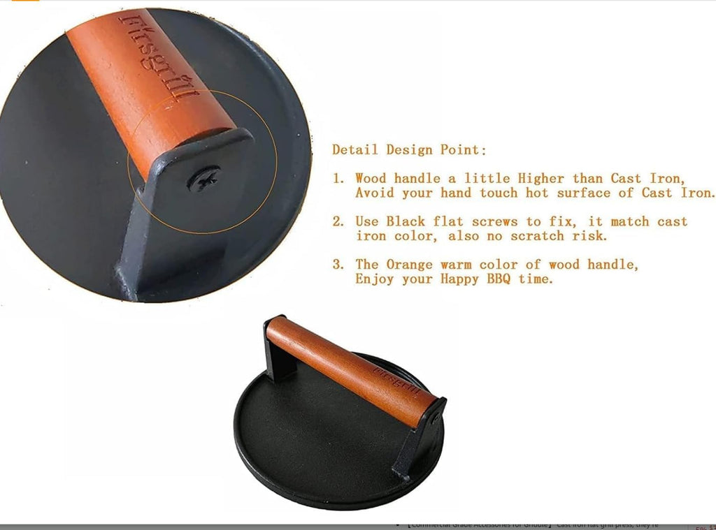 Burger Press 7.08" Round & 8.3”X4.3”Rectangle Heavy-Duty Cast Iron Smash Meat Steak with Wood Handle for Blackstone Camp Chef Pitboss Weber Treager Griddle (Round & Rectangle w Flat Bottom)