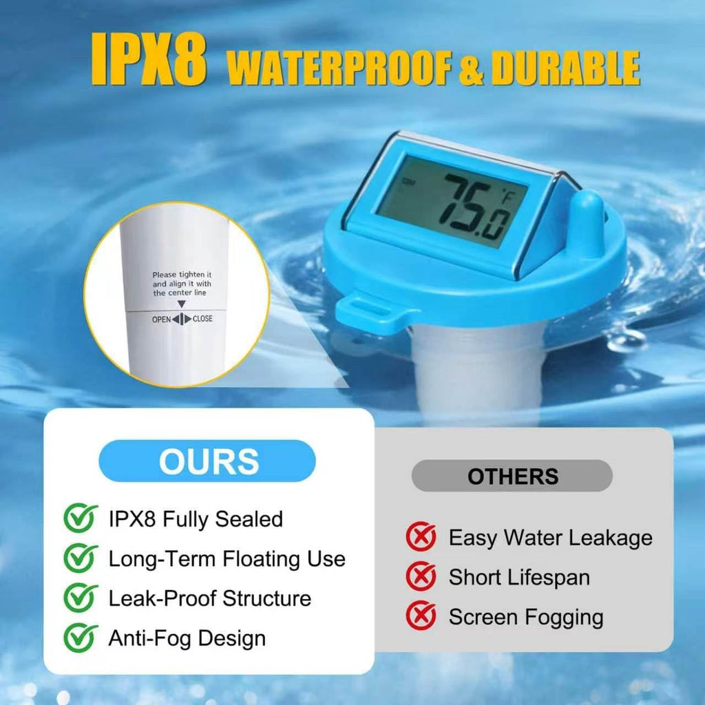 Solar Pool Thermometer Floating,Digital Pool Thermometer,Waterproof IPX8 | Large easy-read display.Includes tether rope for secure floating.Switch between °F/°C. Perfect for pools,hot tubs & ponds