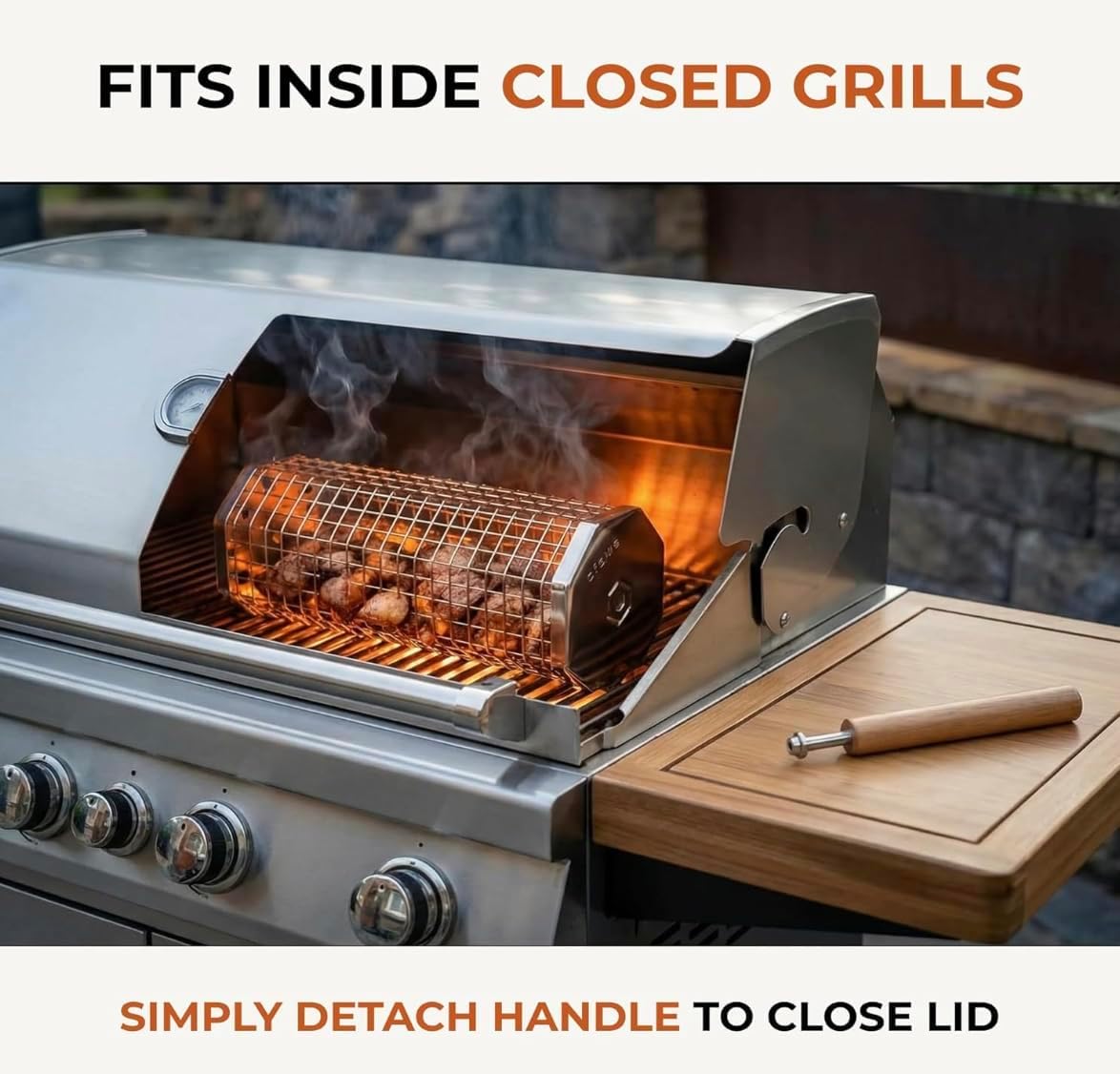 2 Pack Rolling Grill Basket – Stainless Steel Grilling Basket with Lid and Removable Wooden Handle – BBQ Accessories for Vegetables, Shrimp, Meat – Outdoor Cooking Gift for Dad or Husband – Otawe